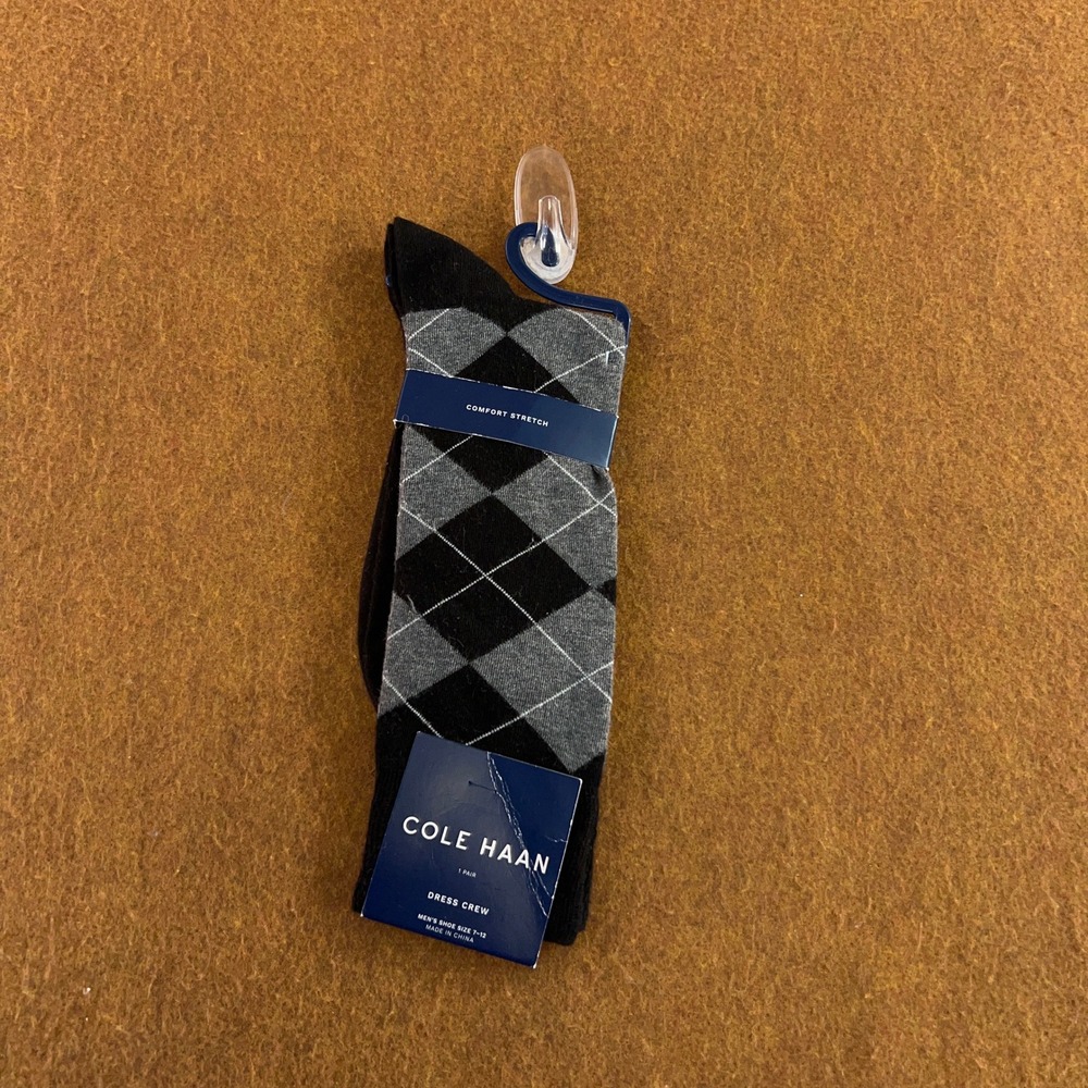 Cole Haan Mens 7-12 Black Grey Argyle Comfort Stretch Dress Crew Socks NWT